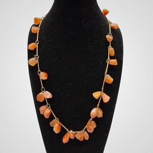 Vintage Carnelian Bead Dangle Necklace 23" Polished Stones Gold Tone Bar Chain